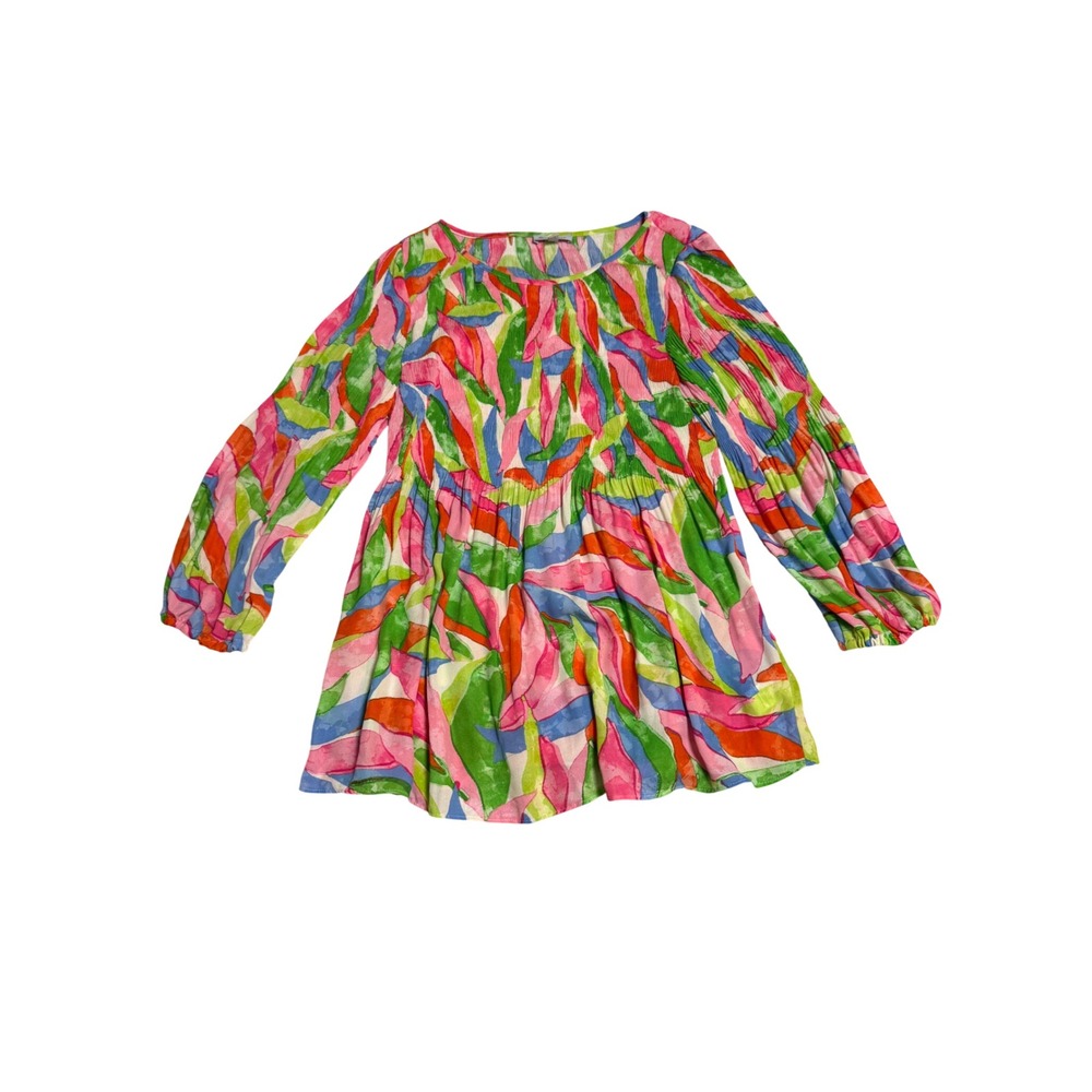 Floral & Ivy Size Medium Colorful Women Blouse Tunic Long Sleeve Airy Pleated